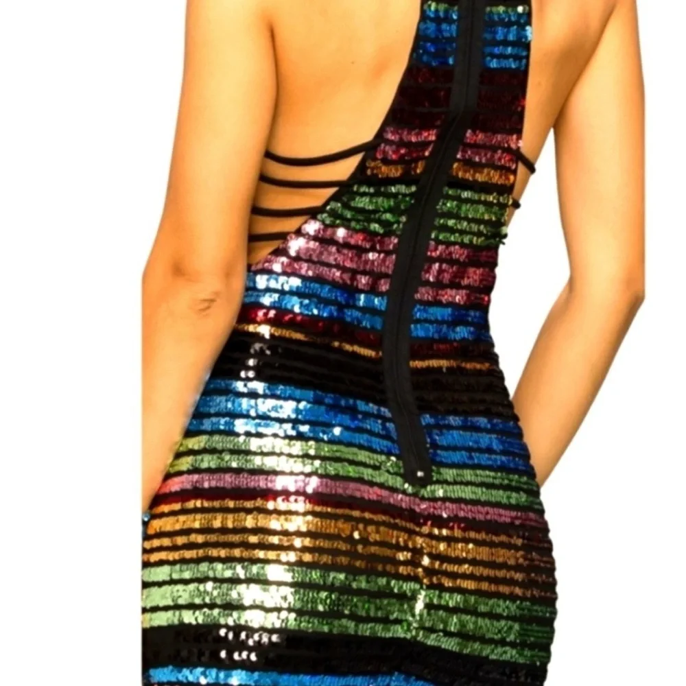 Privy Medium Sexy Party/Holiday Multicolor Sequin Striped Dress Side Cutouts